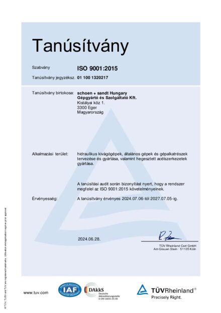 ISO 9001:2015 tanúsítvány